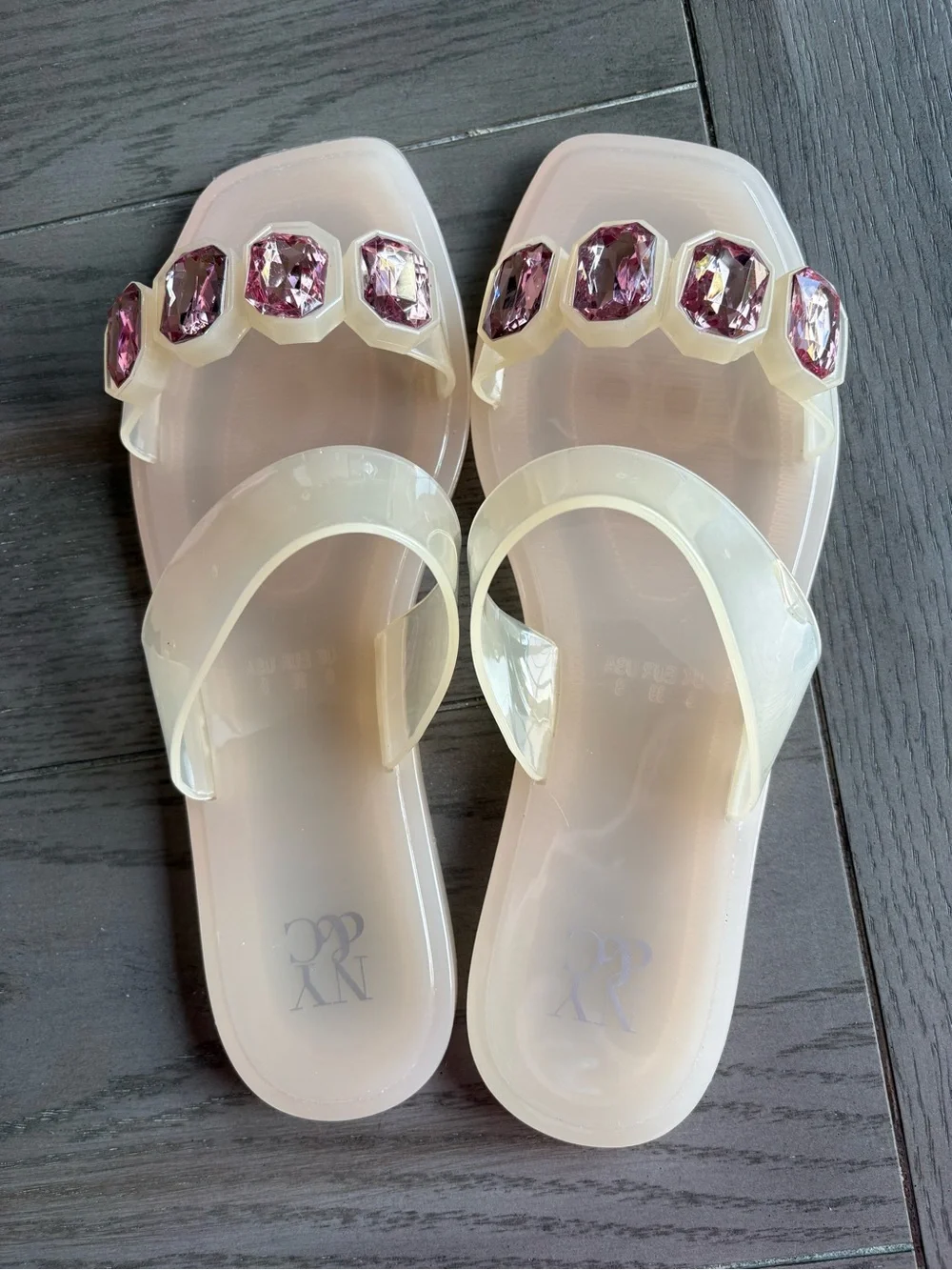 New York & Company Blush Clear Slides with Pink Gem Accents